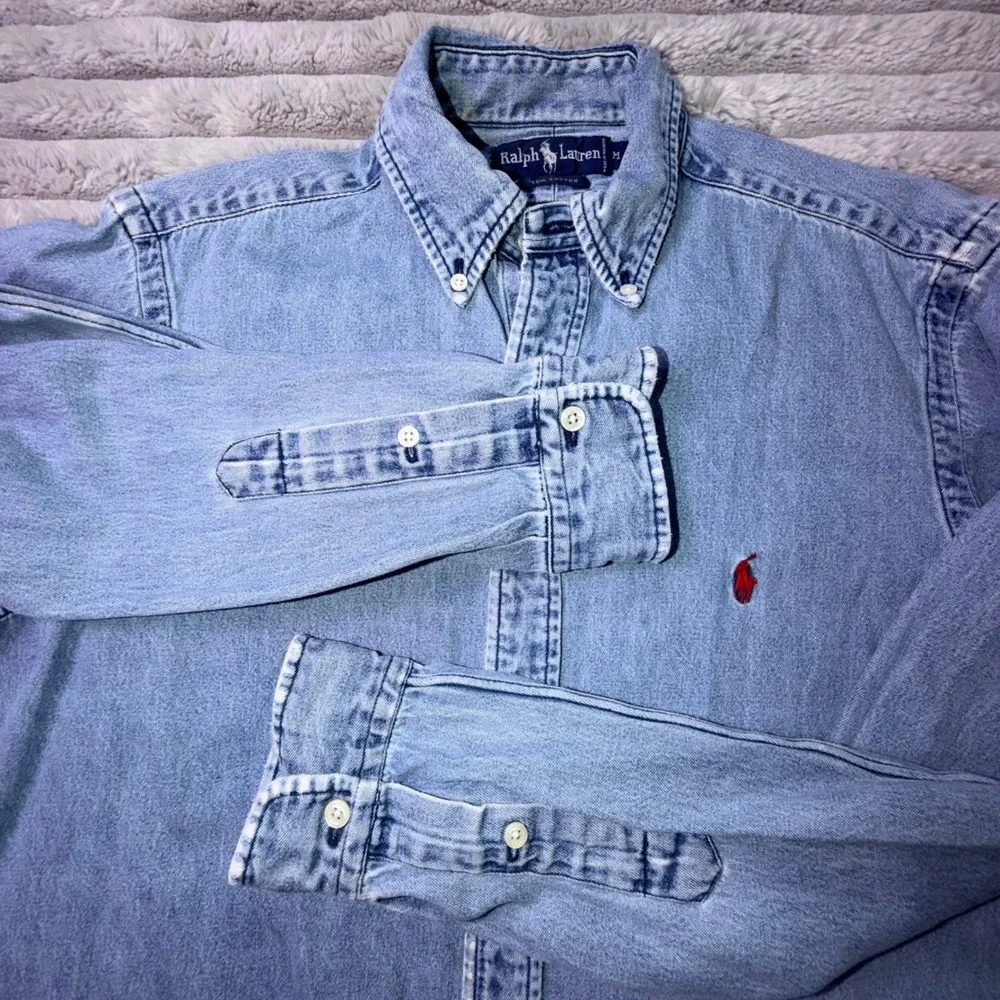 Vintage 90's Ralph Lauren Polo Shirt Men's Medium Blue Denim Button Up Red Pony